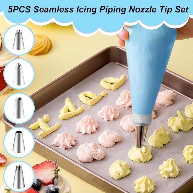Large Piping Tips Set, Piping Bags and Tips Set 5 PCS Stainless Steel Frosting Tips for DIY Pastry Dough, Cookie, Cupcake, Cake (1M 2D 2F 6B 2A)