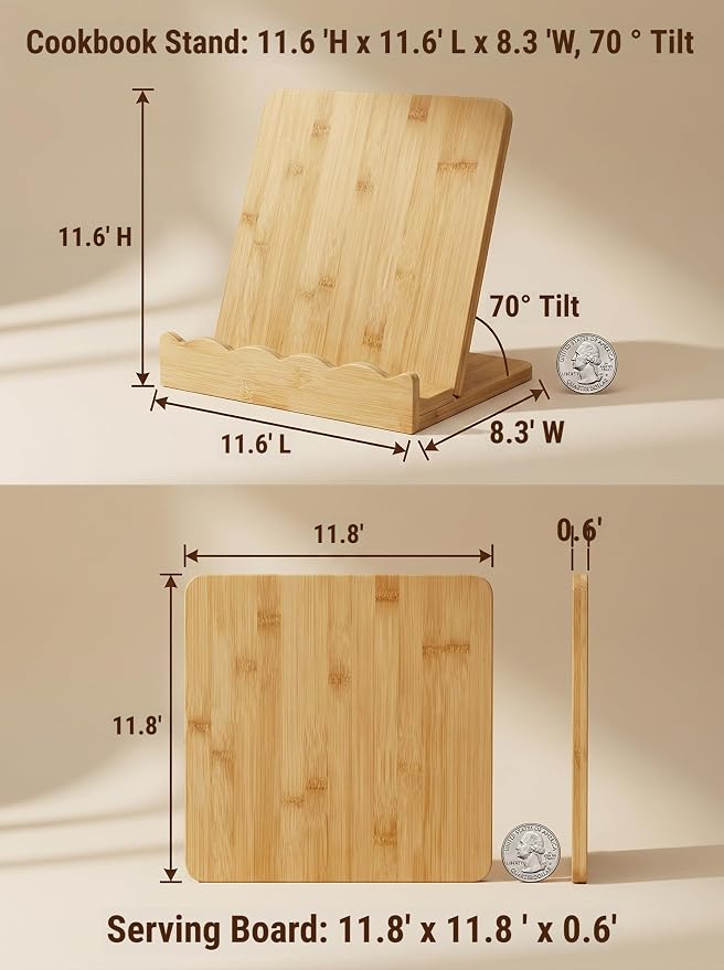 Bamboo Wood Cookbook Stand for Kitchen Counter, Detachable Serving Tray | 2-in-1 Recipe Stand & Serving Tray, Holds 11.8" Cookbooks & 3" Thick Books/Tablets, Bamboo Wood, Detachable for Easy Storage