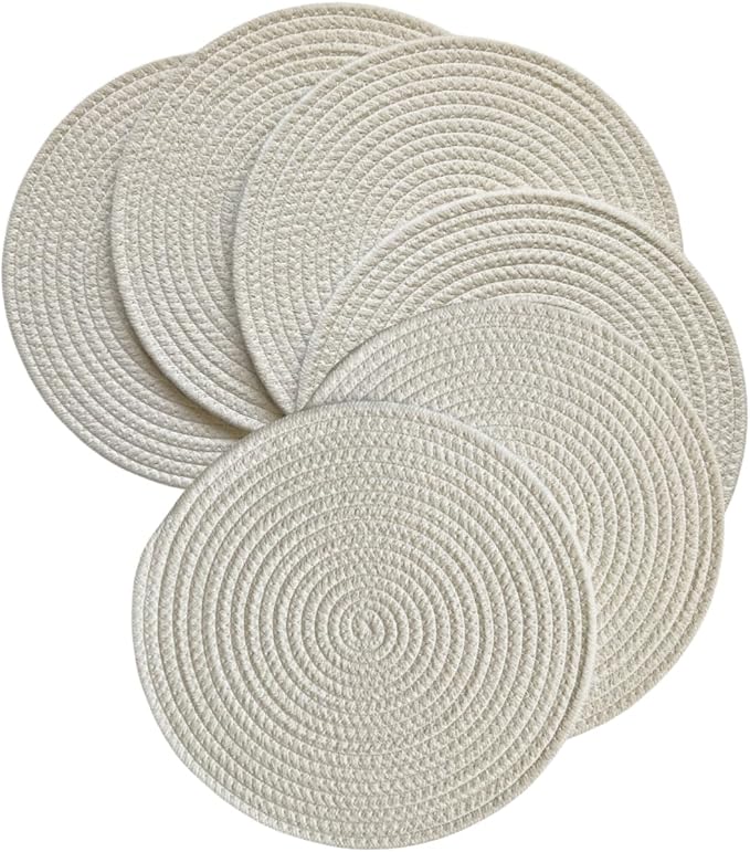 WAZAIGUR Round Placemats Washable Thick Cotton Absorbent 13 inch Round Table Mats for Kitchen Dining Table Set of 6 Round Woven Fabric Indoor/Outdoor Place Mats (Cream, 6)