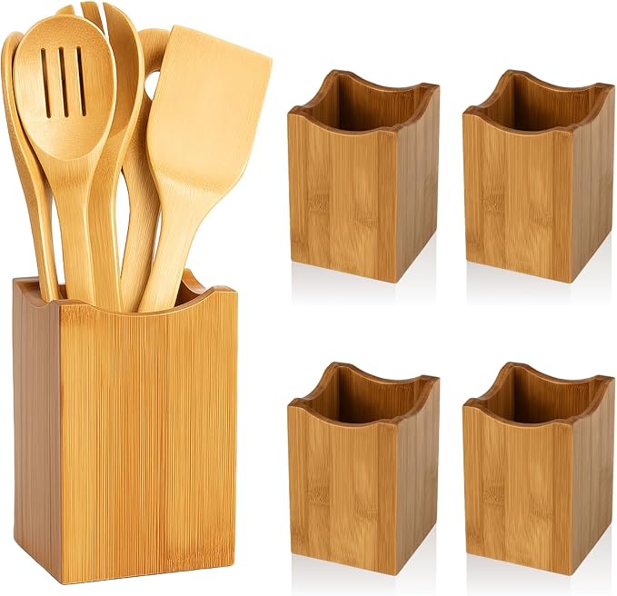JapanBargain, 4-Pack Bamboo Cooking Spatula Utensil Holders, Counter Top Organizer for Chopsticks Flatware, Cooking Tools, Spoons, 4x4x5.5 inch