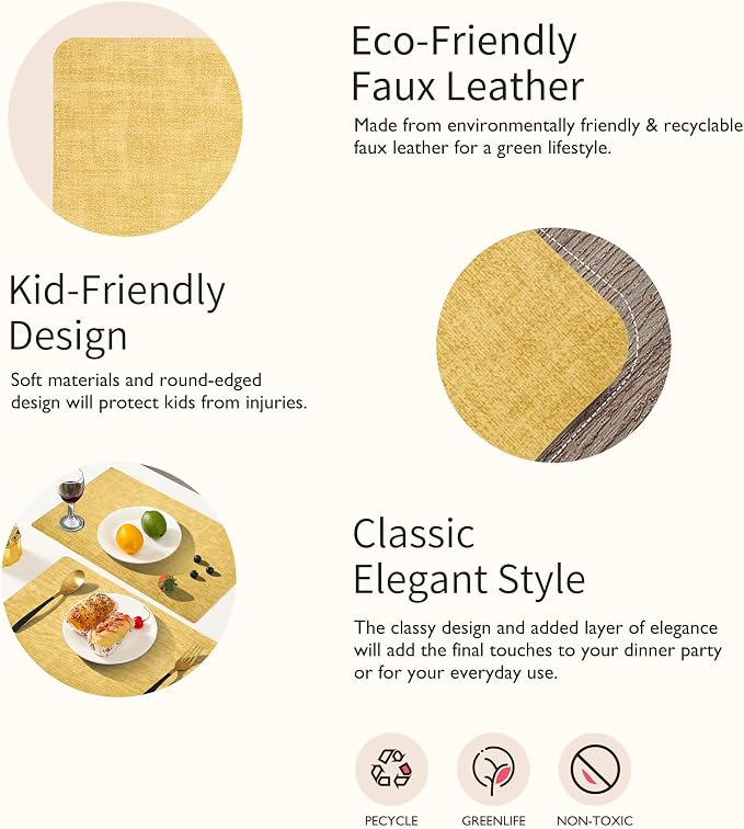 Maxpearl Faux Leather Placemats Set of 4 - Waterproof - Wipe Clean - Heat Resistant - Anti Slip Dining Table Place Mats, Suitable for Indoor & Outdoor Use, 17’’×12’’, Light Yellow