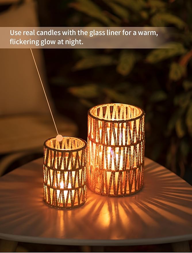 NUPTIO Rattan Boho Hurricane Lanterns: Set of 2 Pillar Candle Holders with Glass Cylinders- Farmhouse Vases for Home Coffee Table Centerpieces Decor