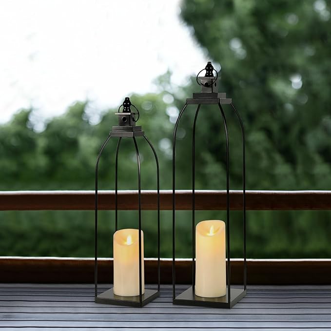 DARJEN 19'' 22'' Decorative Candle Lanterns, Large Farmhouse Decorative Metal Lanterns with 2 Flameless Candles, Black Candle Lanterns for Home Porch Fireplace Decor & Indoor and Outdoor Use