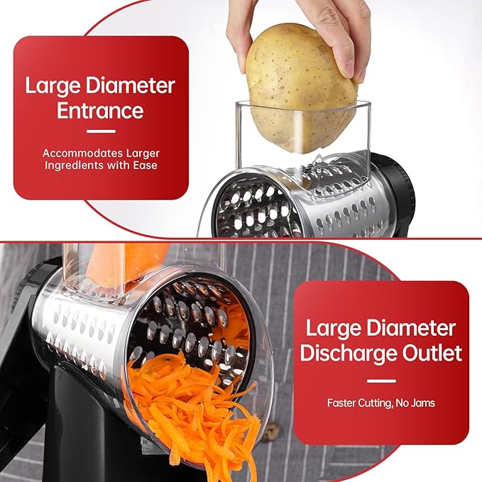 Rotary Cheese Grater with 4 Blades, Hand Crank Cheese Grater with Waffle Slicer, Red, Black and White Cheese Shredder with Suction Base, Easier for Shredding & Grating (Black)