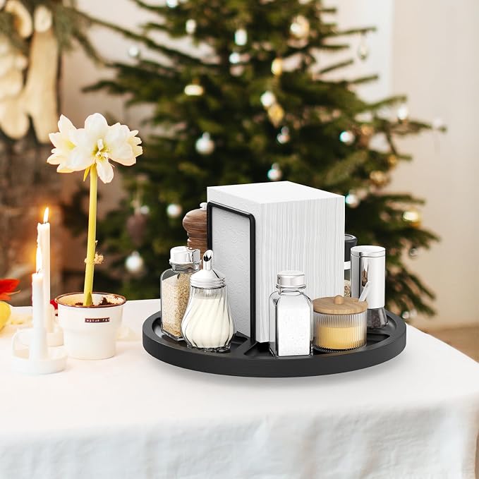 Napkin Holder for Table, Rotating Napkin Dispenser with Salt and Pepper Shakers Storage, Standing Paper Napkin Organizer for Kitchen Dining Table Decor (1, Black Round)