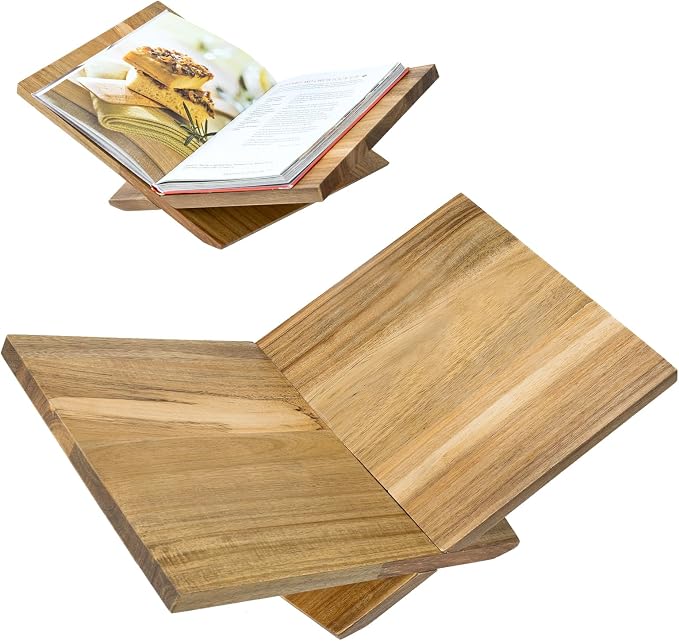 MyGift Premium Acacia Wood Kitchen Cookbook Stand – Solid Wood Recipe Holder for Countertop Cooking, Tablets & Books