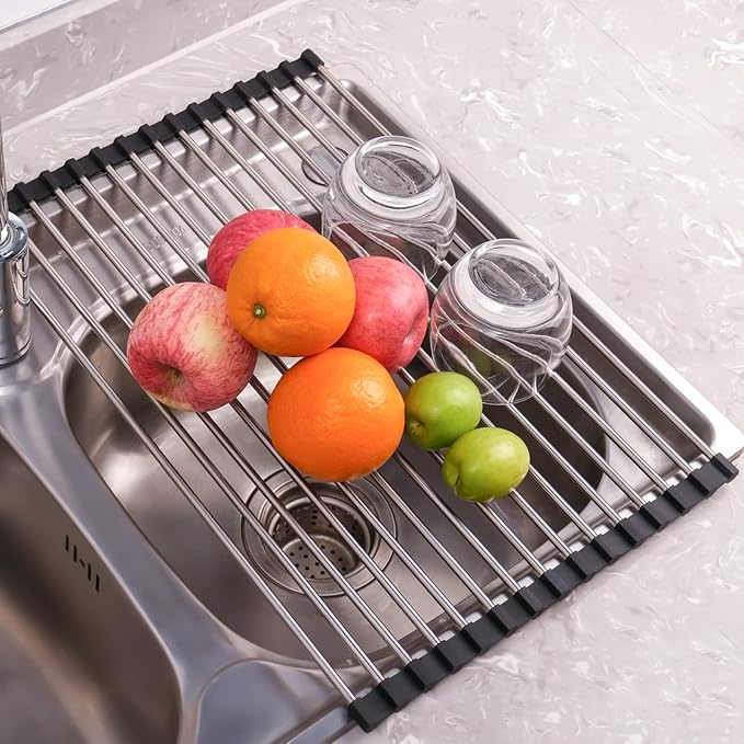 Seropy Roll Up Dish Drying Rack Over The Sink Drying Rack for Kitchen Counter, Folding Dish Rack Over Sink Mat, Stainless Steel Dish Drainer Rack Kitchen Sink Organizer Accessories 17.5"x13.7"