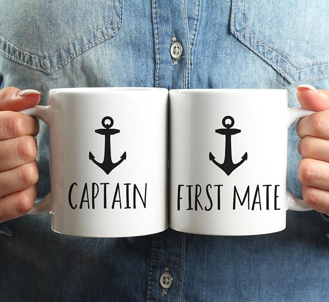 Andaz Press Funny Couples 11 oz Ceramic Coffee Mugs, Captain, First Mate, His and Hers Mugs Set of 2, Valentines Day Coffee Mug for Him and Her, Mr and Mrs Mugs, Couple Mugs for Husband and Wife
