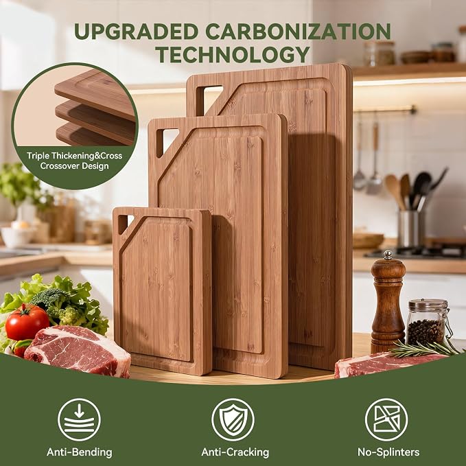 Bamboo Cutting Boards for Kitchen, Wood Cutting Boards with Deep Juice Grooves, 3-Pack Bamboo Cutting Board Set with Holder, Chopping Board & Charcuterie Board for Meal Prep & Serving