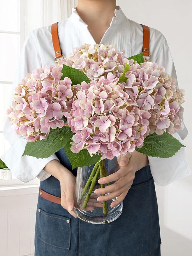 JINWOE 4Pcs 20" Dusty Pink Real Touch Fake Hydrangea Flowers,Full Lifelike Silk Artificial Hydrangeas Fake Flowers for Bouquet Table Centerpieces Spring Wedding Indoor Home