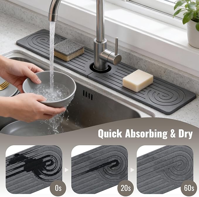 Hopegiver Stone Faucet Mat for Kitchen Sink - Fast Drying Diatomite Sink Protector Prevent Moisture, Super Water Absorbing Stone Tray for Kitchen & Bathroom Counter (Gray, 23.6"x5.1")