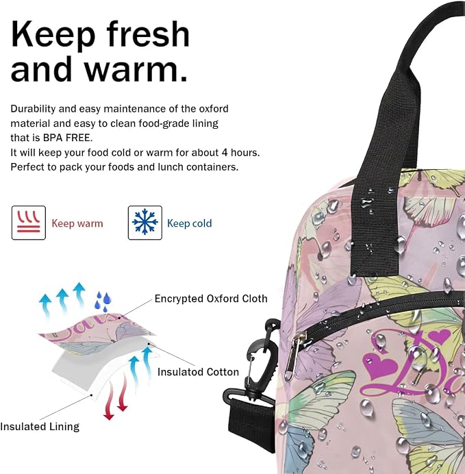 Personalized Butterfly Lunch-Bag for Women, Custom Insulated Cooler Lunch Box with Name, Leakproof-Reusable Lunch Tote Bag for Work Office Picnic - Pink Purple