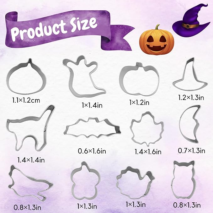 Halloween Cookie Cutters Set,12PCS Mini Halloween Cookie Cutters Stainless Steel - Pumpkin, Ghost, Bat, Witch's Hat, Cat and More