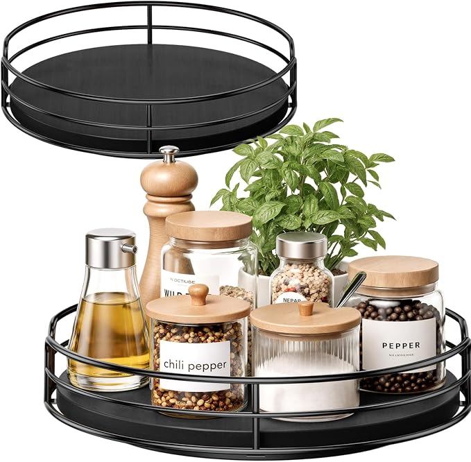 Optish 2 Pack 9" 10" Lazy Susan Turntable for Table Top, Wooden Lazy Susan Organizer for Cabinet, Kitchen, Countertop, Pantry, Spice Organizer, Bathroom, Vanity, Table Decor, Black