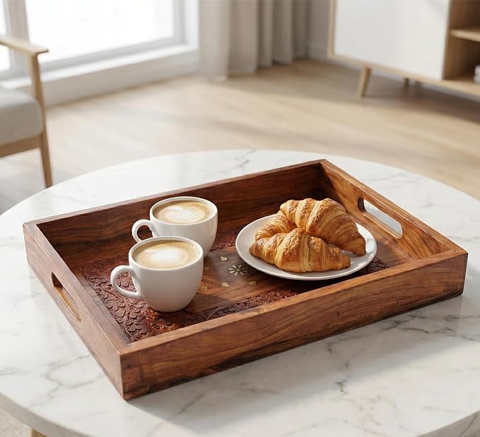 15-Inch Acacia Wood Serving Tray with Handles – Large Rectangular Wooden Ottoman Tray for Breakfast in Bed, Dinner & Coffee Table - Decorative Serving Platter