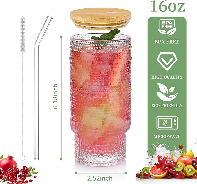 16oz Glass Cups with Lids and Straws, 6 Pack Vintage Drinking Glasses Tumblers Polka Dot Iced Coffee Cups for Kitchen, Home, Office, Gifts