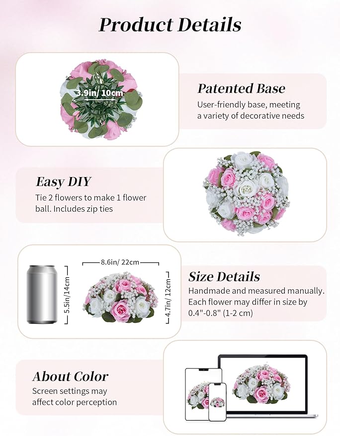 BLOSMON Fake Flowers Ball Centerpieces: 2 Pcs Pink Rose Babys Breath Artificial Flowers Wedding Decoration for Table Silk Kissing Floral Bouquet Arrangements for Home Party DIY Decor