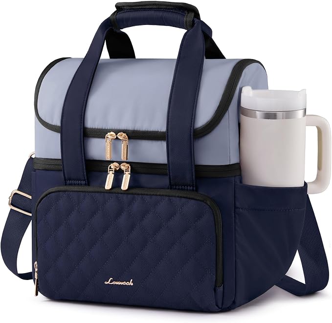 LOVEVOOK Insulated Lunch Bag for Women,Large Double Deck Adult Lunch Box,Teacher Lunch Tote Bag with Cup Holder,Leakproof Cooler Bag with Adjustable Shoulder Strap for Work Picnic Beach,Larger 15L