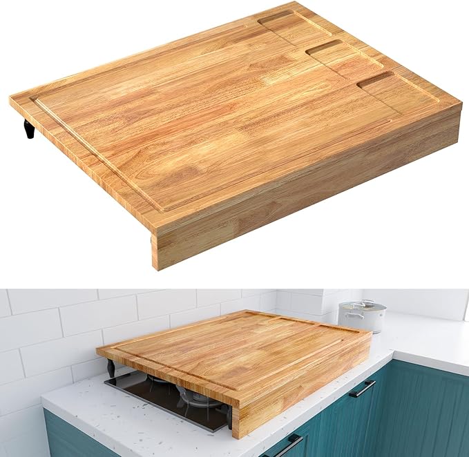 Extra Large Solid Wooden Cutting Board and Stovetop Cover, 3 in 1 Stove Top Cover Chopping Board with Detachable Legs and Juice Groove, Sink Cover Board (1, Light Brown)
