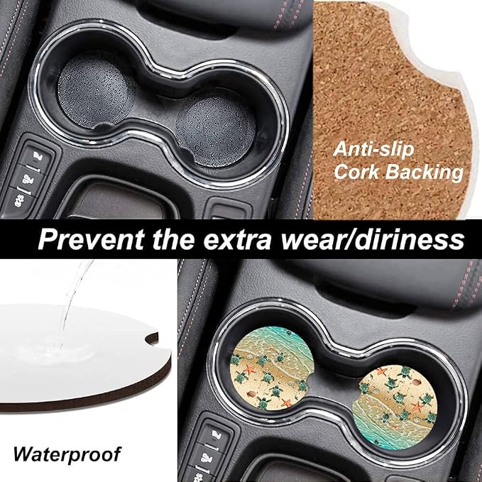 Turtles On The Beach Absorbent Cup Holders Car Coasters,Ceramic Stone Drinks Coaster Set for Women Man 2.56"(2 Pack)