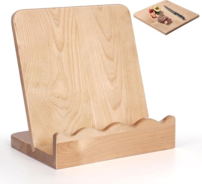 Scalloped Wooden Cookbook Stand with Removable Cutting Board – Adjustable Recipe Book Holder, Charcuterie Board & Kitchen Serving Tray – Kitchen Counte Decor/Maple Wood