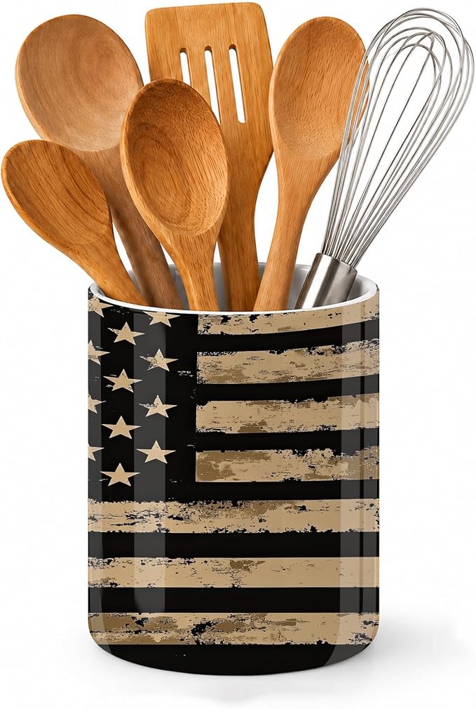 Kitchen Utensil Holder,Retro Flag Ceramic Utensil Crock for Countertop,Cooking Tools Storage jar for Spatulas and Spoons,Housewarming Gifts 6.3"