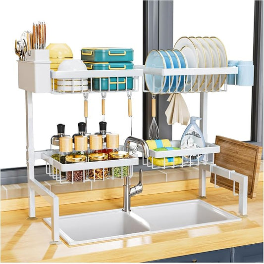 PurKeep 4 Baskets Over The Sink Dish Drying Rack, Extendable Large Capacity Sink Rack, Metal Drying Rack Saving Space