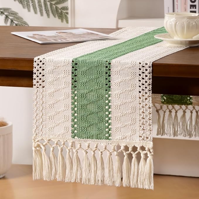 Boho Woven Cotton Linen Table Runner Sage & Ivory 11"x48" with Tassels Rustic Macrame Farmhouse Table Runner Summer Decor for Dining Room Wedding Kitchen Party