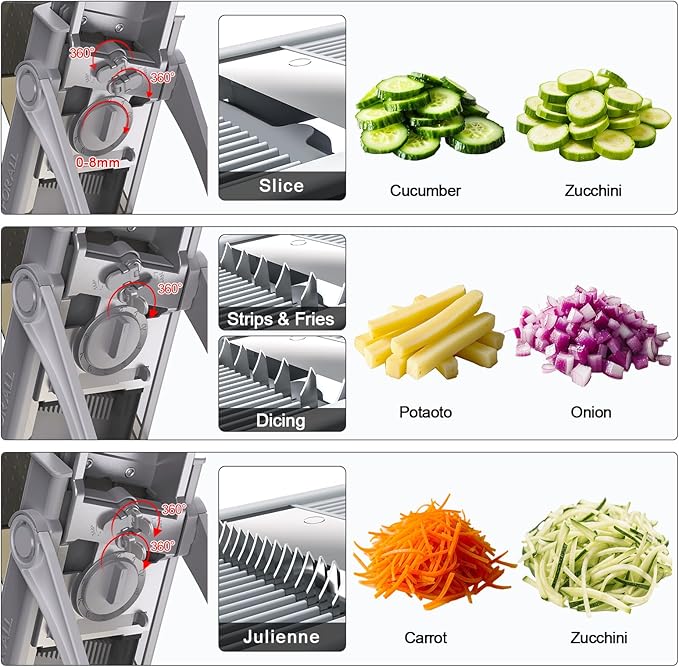 Safe Mandoline Slicer for Kitchen, 6 in 1 Vegetable Chopper, French Fry Cutter For Potatoes, Potato Slicer,Food Chopper,Adjustable Thickness 0.1-8 mm, With Peeler/Cleaning Brush (Deep Gray)