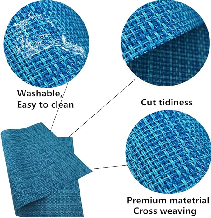 WAZAIGUR Placemats,Easy to Clean Crisscross Woven Vinyl Place Mats Durable Non-Slip Heat Resistant Table Mats,Placemats for Kitchen Table Set of 6,Blue