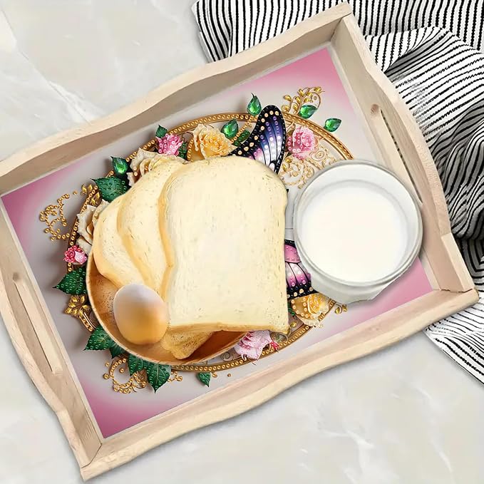 BAYUNOE DIY Diamond Serving Tray Rectangular Breakfast Tray with Handle Handmade Diamond Art Painting Wooden Tray Spring Creative Dinner Plate Coffee Room Living Home Organizer-Rose Butterfly