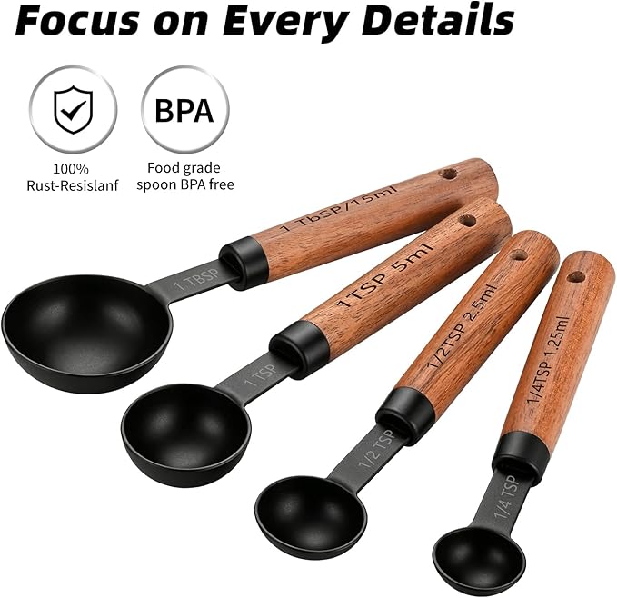 Wooden Handle Measuring Cups & Spoons Set 8-Piece – Stainless Steel, Stackable, Rustic Farmhouse Kitchen Gadgets, Non-Toxic, Dishwasher Safe, Gift for Bakers & New Homeowners