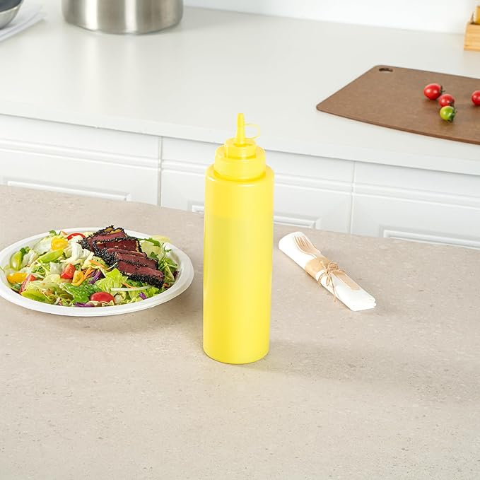 Restaurantware Plastic Squeeze Bottle 32 oz Wide Mouth Condiment Bottle With Cap Reusable Dishwashable Yellow Sauce Dispenser For Syrups, Ketchup, Mustard, Oil, Dressing, Honey, Art And Craft