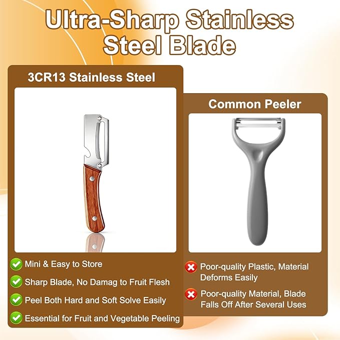 2PCS Premium Vegetable Peeler with Wooden Handle and Bottle Opener, Multifunctional Vegetable Peeler, 2-In-1 Stainless Steel Blade Peeler Knife for Potato Fruit Pineapple Pumpkin Papaya Carrot (A)