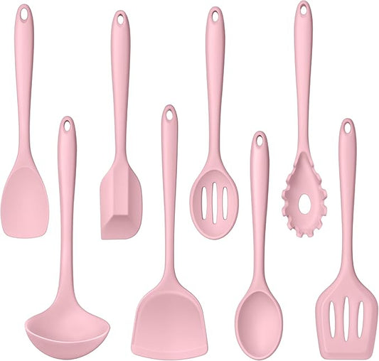 LIANYU Kitchen Silicone Utensils Set, 8Pcs Cooking Utensils Spatula Set for Nonstick Cookware, Heat Resistant Kitchen Gadgets Include Silicone Spoon, Turner, Spatula, Ladle, Dishwasher Safe, Pink