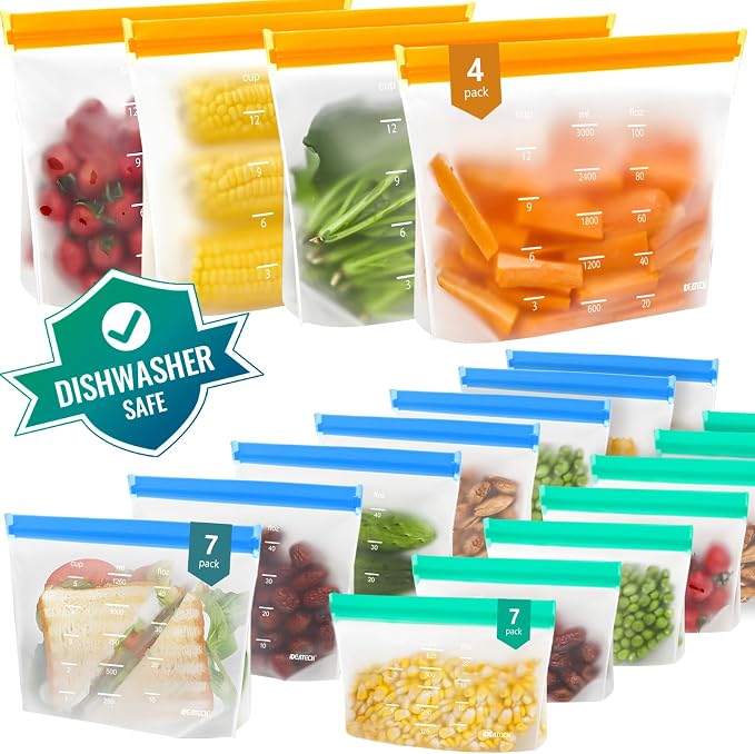 IDEATECH 18Pack Reusable Food Storage Bags, Reusable Freezer Bags Stand Up | Dishwasher Safe, Leakproof, BPA-Free Food Grade, Fridge and Freezer Safe Bags for Lunch Prep, Sandwiches, Snacks & Daily Use