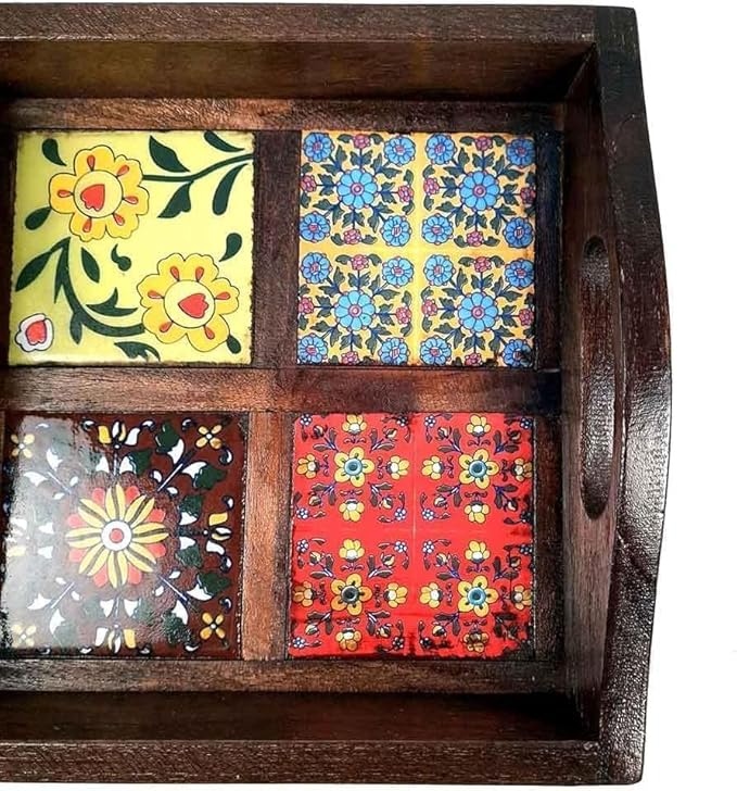 Erving Tray with Ceramic Tiles | Tea & Snacks Serving Platter Wooden | Square Tray with Handles - for Home, Dining Table, Kitchen Decor & Gifts - 9 Inch