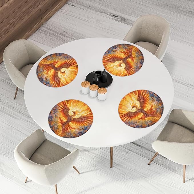 Round Placemats Set of 6, Phoenix Fire Flame Ethnic Pattern Woven Placemats Mats Non-Slip Heat Resistant Washable Table Mats Round Braided Place for Farmhouse Kitchen Dining Party Decor 15in