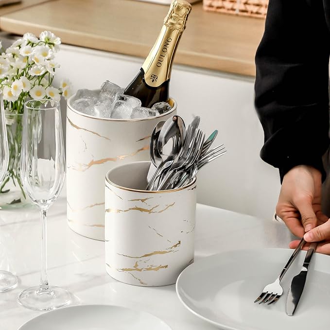 7"+5.3" Marble Utensil Holder, Large Kitchen Utensil Holder Organizer , Golden Marble White Stable Utensil Crock Spatula Holder for Kitchen Counter Countertop Farmhouse Cooking Tools Holder