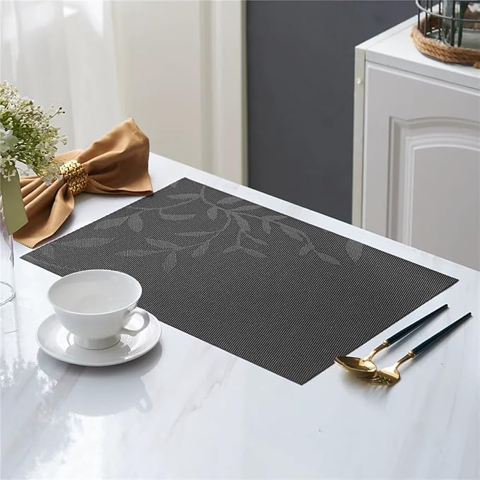 Leaf Placemats Set of 6 Non-Slip Heat-Resistant Vinyl Washable Place Mats for Kitchen Table Indoor Outdoor Durable (18"x12", Black)