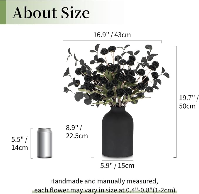 BLOSMON Black Flowers Artificial for Table: Metal Vase with 12 Stems of Fake Mums Eucalyptuses Centerpieces for Dining Room - Faux Silk Pom Poms Floral Arrangements Black Kitchen Home Decor Indoor