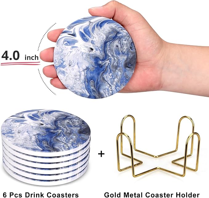 Round Coasters Set of 6 with Holders for Coffee Table Decor Farmhouse Living Room Ceramic Absorbent Coasters for Drinks Beer Wine Bar Modern Marble Coasters