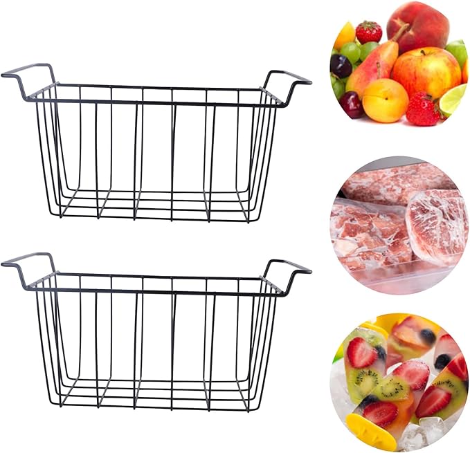 Freezer Wire Storage Basket PE Coated Organizer Bin, 2 Pack Refrigerator Hanging Rack for Shelves, Strong Steel Wire Construction, Easy Access and Maintenance, Replacement (L 39cm X W 20cm X