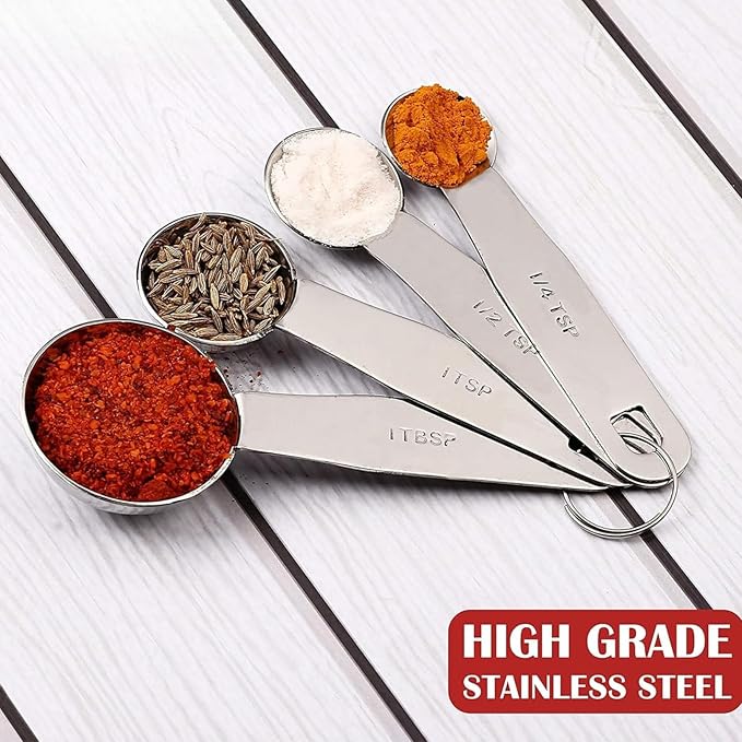 Stainless Steel Measuring Cups and Spoons Set, 8 Piece Professional Baking and Cooking Set with Engraved Measures, 4 Stackable Cups and 4 Stackable Spoons (Set of 8)