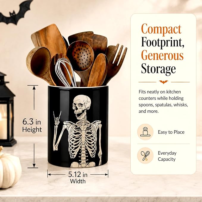 Halloween Kitchen Utensil Holder, Funny Skull Ceramic Utensil Holder , Cooking Utensil Crocks for Kitchen Countertop, Kitchen Decorations Rustic Farmhouse Decor