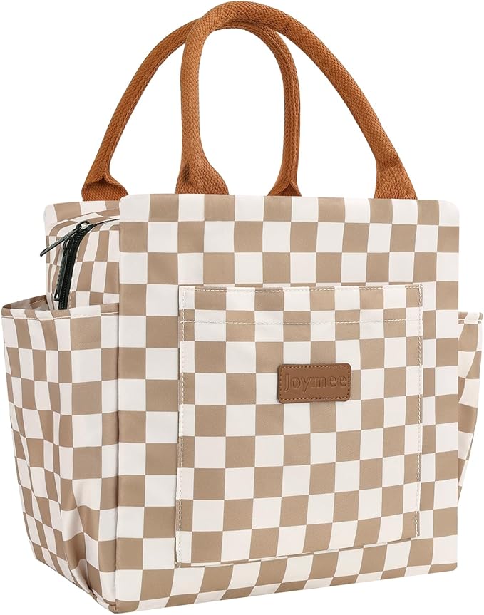 Joymee Lunch Bag Women, Reusable Leakproof Cooler Tote - Checker Brown | Spacious Storage, Bottle Holder & Pockets, Leakproof Insulated, for Work, Travel, Picnic, Daily Use, for Adult