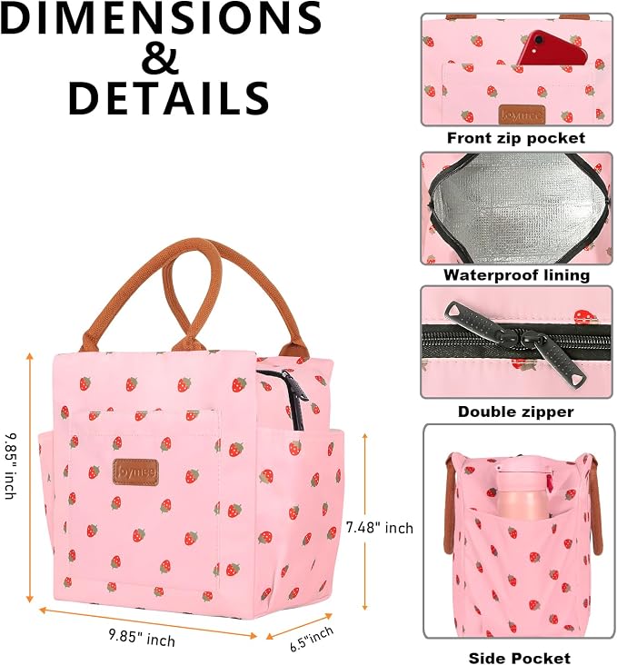 Joymee Insulated Lunch Bag For Women Reusable Lunch Box - Strawberry Pink | Spacious Storage, Bottle Holder & Pockets, Leakproof Insulated, for Work, Travel, Picnic, Daily Use, for Adult
