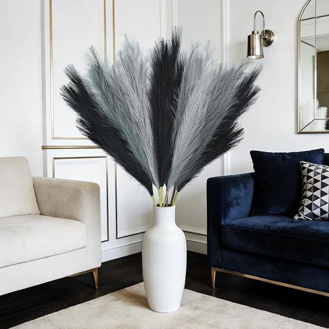 TORONTOKYO 8Pcs Black and Grey Faux Pampas Grass Tall Decor, 35.4” Fluffy Artificial Pompous Grass Branches, Large Pampas Grass Reed Stems for Floor Vase Filler, Wedding, Baby Shower, Home Boho Decor