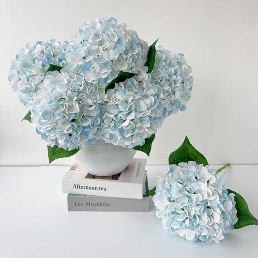 ZYTUYO 5 Pcs White & Light Blue Silk Hydrangeas Artificial Flower Boho Dried Touch 20'' Faux Hydrangeas for Indoor Home Decor Kitchen Living Room Outdoor Porch Wedding Flower Arrangement