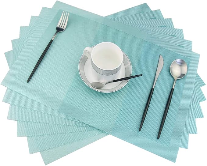 PIGCHCY Placemats Non-Slip Plastic Placemats,Easy to Clean Woven Vinyl Placemats for Dining Table 18x12 Inches Washable Table Mats Set of 6 (Turquoise)